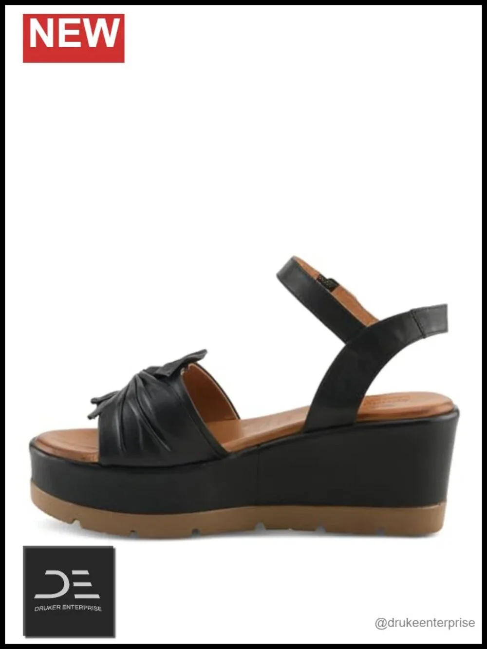 Women's Leather Wedge Sandals with Twisted Flower Detail Hook & Loop Closure